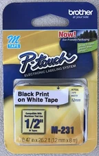 Brother M Series Tape Cartridge for P-Touch Labelers 1/2w Black on White M231