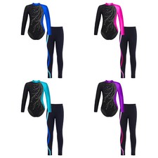 Kids Girls Figure Skating Outfit Leotard Sweatshirt Pants Practice Set Show