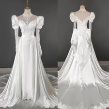 Victorian Wedding Dresses High Neck Satin Long Sleeve Bowed Beaded Bridal Gowns 