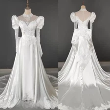 Victorian Wedding Dresses High Neck Satin Long Sleeve Bowed Beaded Bridal Gowns*