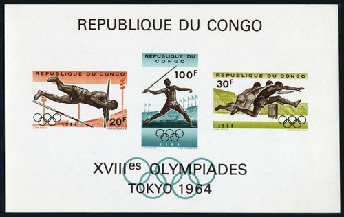 Kongo DR 497a Blatt, postfrisch Mi Bl.5. Olympische Spiele Tokio-1964. Polgewölbe, Speer, Hürden