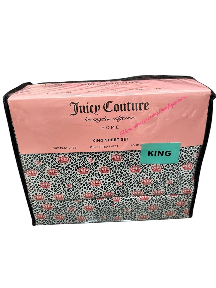 Conjunto de Lençóis Juicy Couture King 6 Peças Estampa de Leopardo Coroas Vermelhas Letras Novo - Imagem 3 de 4