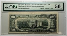 1977 $20 Federal Reserve Note New York Fr#2072-B PMG AU 50 EPQ Offset Error