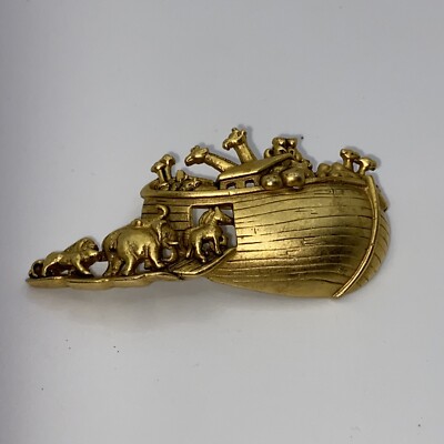 Broche épingle Noé's Ark & Animals Signée AJC - Finition Or Brillant Et Satin - Occasion Très Bon état