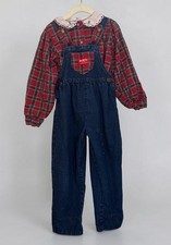 OshKosh B'Gosh Overalls Size 5 Denim Red Plaid Gingham Top 2pc Set USA Vtg