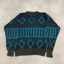 Vintage Abstract Knitted Jumper Patterned Grandad Knit Sweater Men's Xl