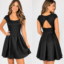 IZ Byer Black Fit And Flare Skater Dress Cap Sleeve Textured Open Back Size L