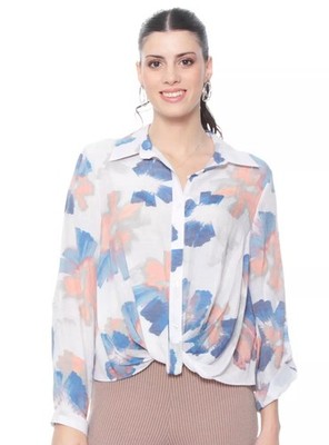 Hope & Harlow Women s XL Abstract Twist Front Blouse Blue White Business Casual