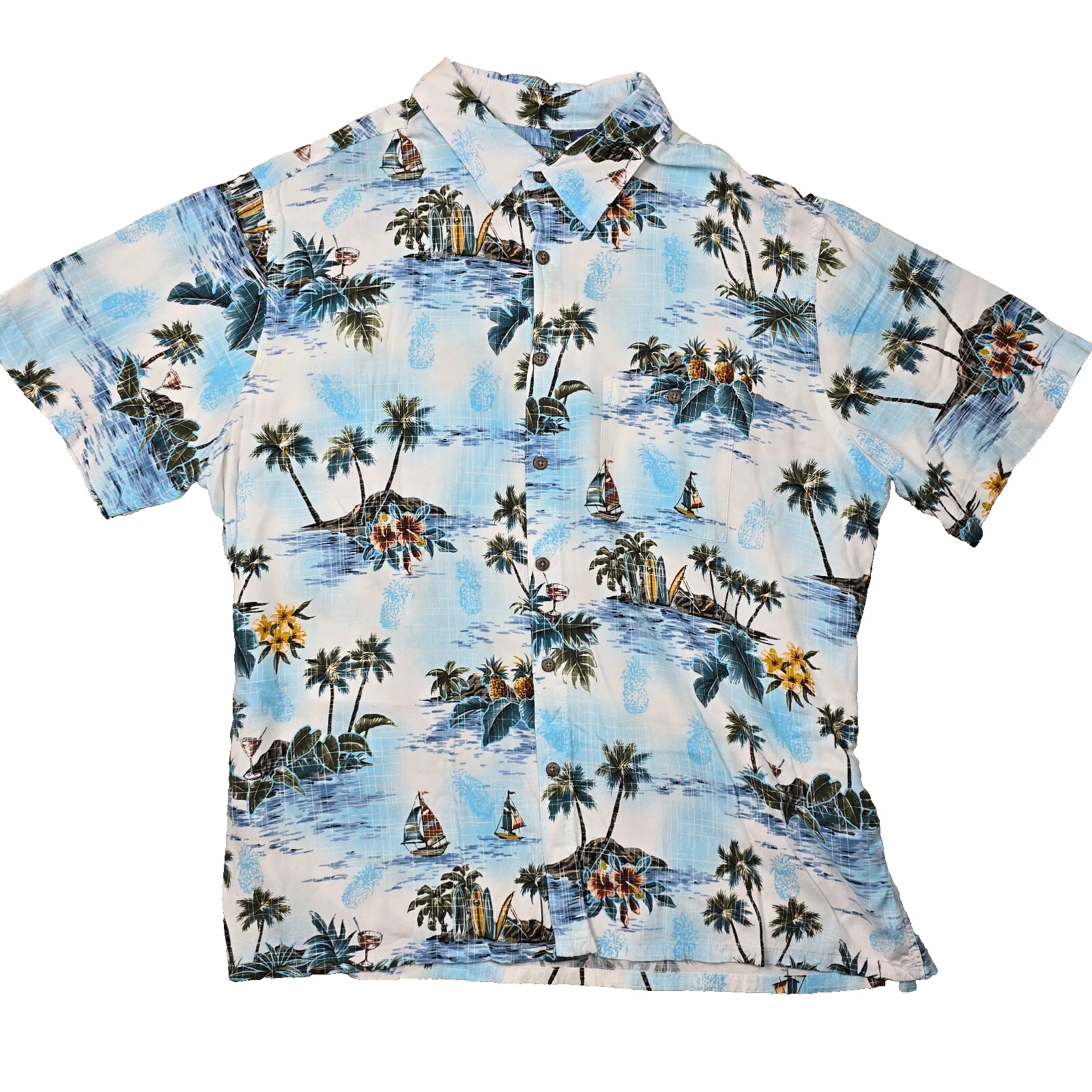 Campia Hawaiian Shirt Mens Size Extra Large Tropical Palm Trees Surf Board Ocean