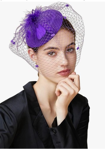 Purple Pillbox Fascinator Women Hat Wedding Tea Party Feather Veil Headband Clip - 第 3/5 張圖片