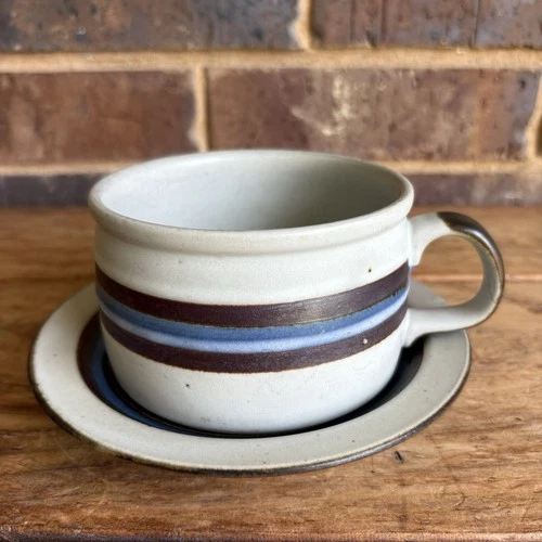 Otagiri HORIZON Speckled  Stoneware Soup Mug and Saucer Brown/Blue Bands Japan