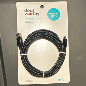 dealworthy USB-A to USB-C Charging Cable, 10 ft Round Cable, Black