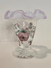 Vintage Fenton Handpainted Signed Crest Ruffle Opaline Optic Vase