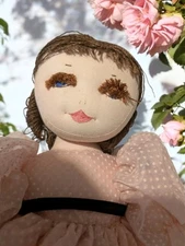 Vintage Handmade Rag Doll Embroidered Face Yarn Hair Eyelashes Primitive 17"