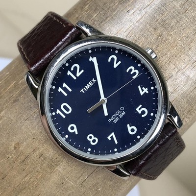 Timex Indiglo Quartz Watch Mens 35mm Blue Arabic Dial Brown Leather WR30M Analog