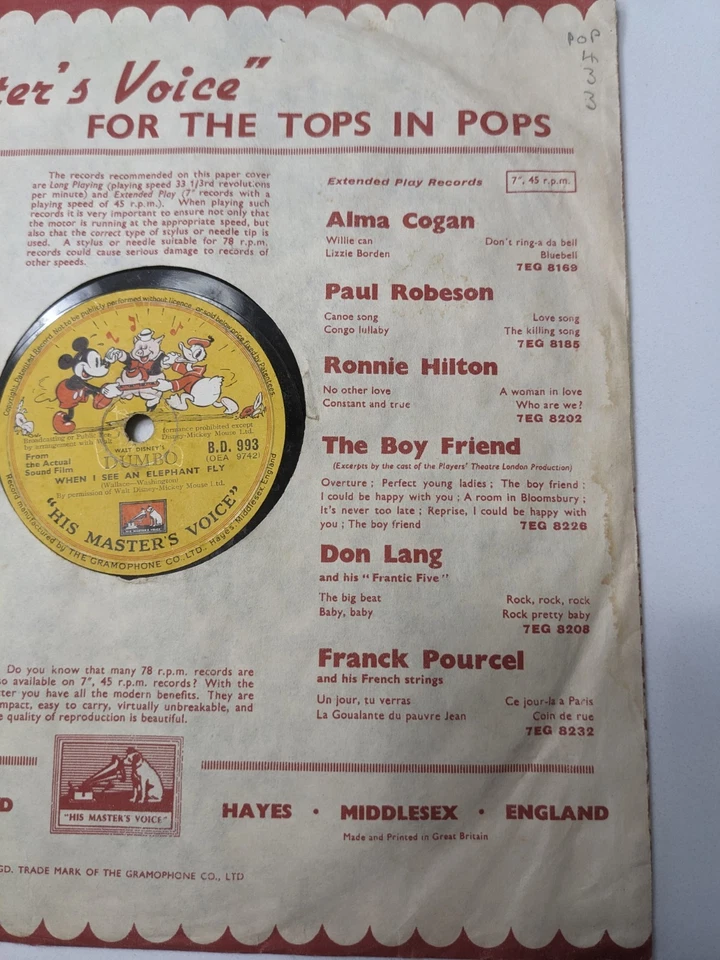 Disney Dumbo 78 RPM Record  Baby Mine / When I See an Elephant Fly HMV DB 9038 Foto 4 de 4
