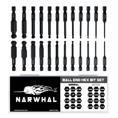 Ball End Hex Allen Wrench Drill Bit Set (24 Pack - Metric & SAE Sizes - Magne...