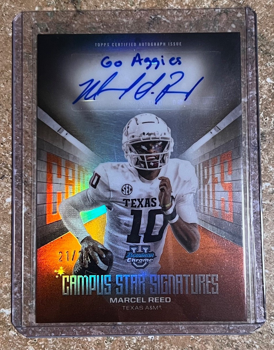 Marcel Reed 2025 Bowman Chrome U Campus Star Signatures Orange /25 "Go Aggies"