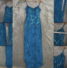 Vintage Turqoise Blue Fully Sequined Beaded Gown Maxi Prom Mermaid XS Y2K