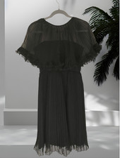 1970's Eve Valere Black Pleated Chiffon Cocktail Dress & Attached Overlay Cape S