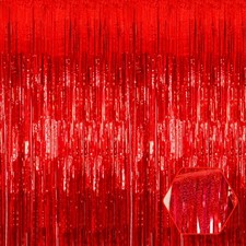 3 Pack 3.28x8.2Ft Red Foil Fringe Curtain Backdrop Metallic Tinsel Streamers