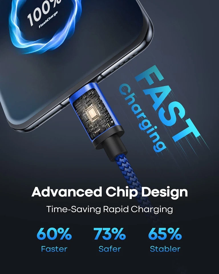 USB C Charger Cable 3Pack, 2M USB A to USB C Cable Fast Charging Nylon Braided U - Image 3 of 4