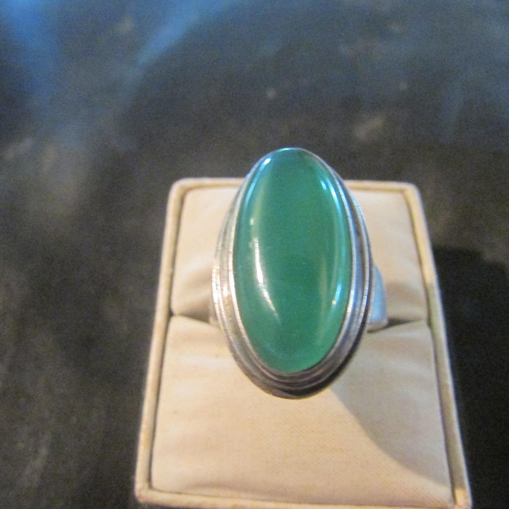 Modernist Quality Solid Silver & Green Chalcedony… - image 1