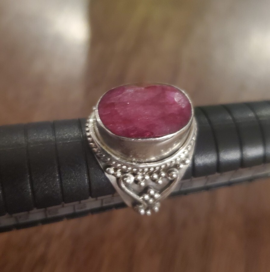 Solid 925 Sterling Silver Ring Ruby Faceted Caboc… - image 1