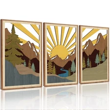 CHDITB Boho Geometric Mountain Landscape Wall Art(Set of 3, 16"x24"), Wooden ...