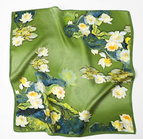 100% Silk 20-Inch Floral Square Scarf for Women in Green and Yellow WY102