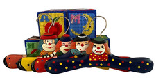 Lot Vntg Kids Hand Painted Clown Hangers Needlepoint Alphabet Blocks Whimsical
