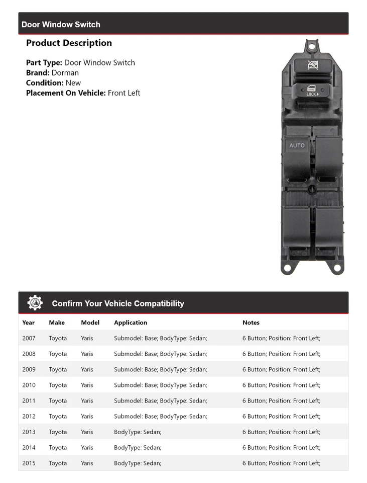 Выключатель переднего левого окна двери для Toyota Yaris Dorman 2007-2015 годов выпуска 2008 2009 2010 годов выпуска - Изображение 2 из 4