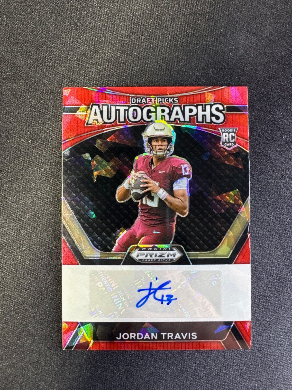 2024 Prizm Draft Picks Jordan Travis RC Auto Red Cracked Ice #DPAJTS Jets Rookie