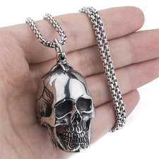 Mens Silver Large 3D Skull Stainless Steel Biker Pendant with Necklace Chain set