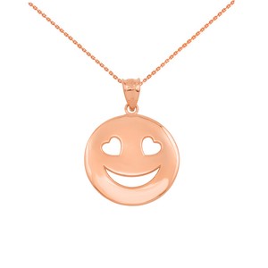 14k Solid Rose Gold Heart Eyes Smiley Face Round Pendant Necklace