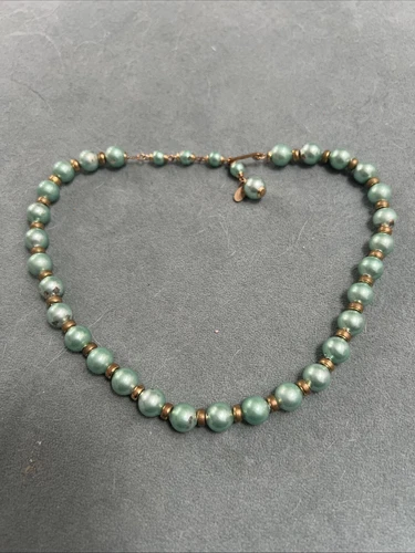 Vintage Costume Jewelry Evans Gold Green Glass Pearl Bead Single Strand Necklace