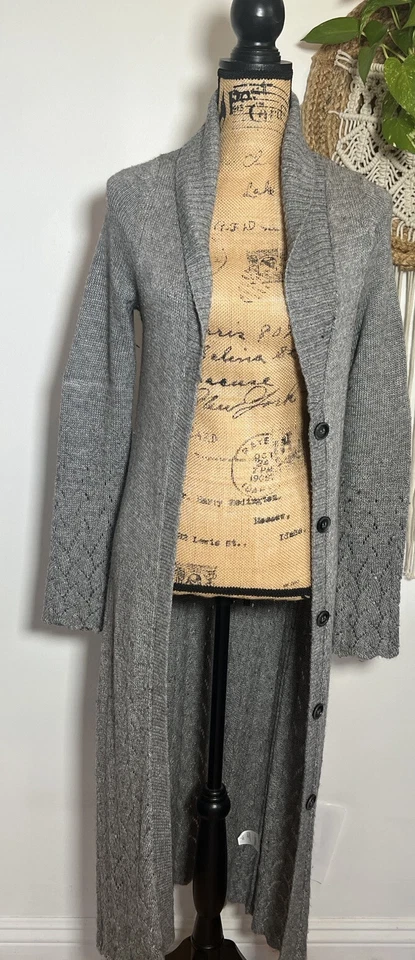 Cárdigan Gris Largo Botón Frontal Cinturón Tejido Suéter Mezcla Lana Grande Talla XS Foto 2 de 4