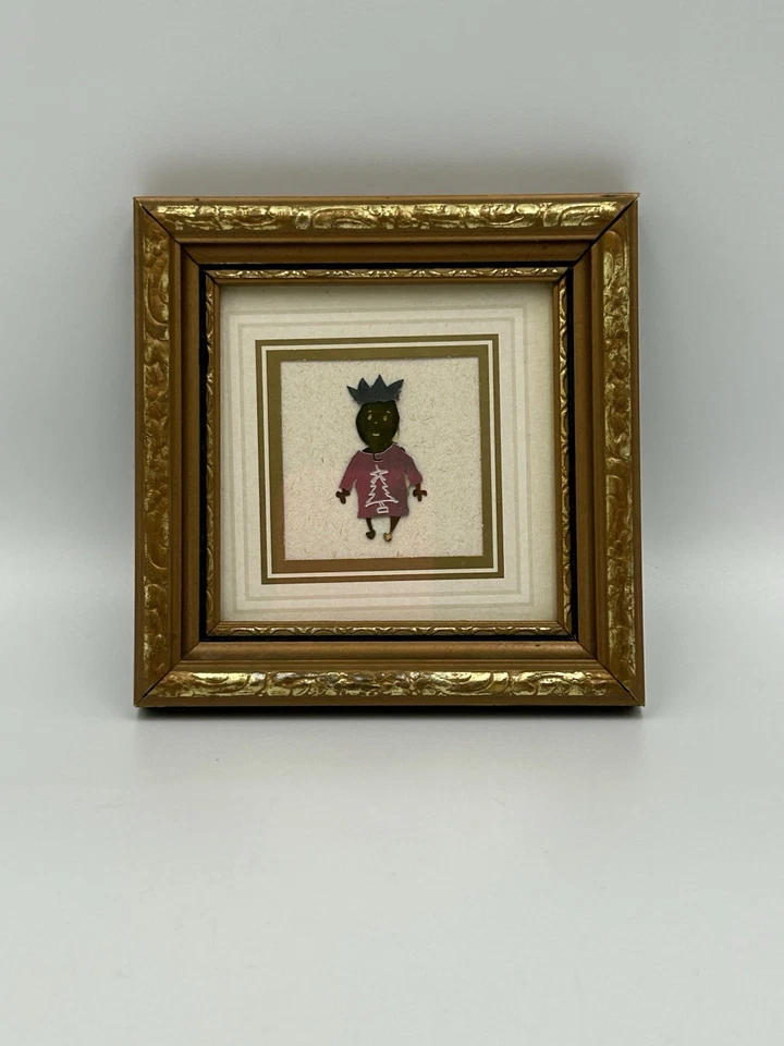 Small Handmade Folk Art Christmas Mixed Media Tin Cut-Out in Gilt Frame Vtg - Image 2 of 4