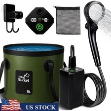 Portable Camping Shower Pump W/ Adjustable Head Foldable Bucket Outdoor Use