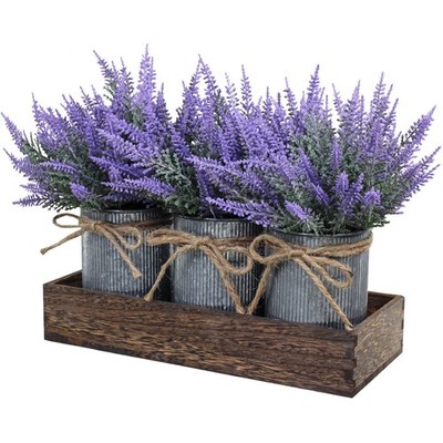 Set of 3 Small Potted Plants Arrangement Artificial Lavender Flower Plants in...