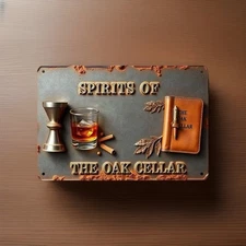 Metal Spirits Theme Bar Sign - Liquor Glass, Jigger & Leather Notebook New 12x8