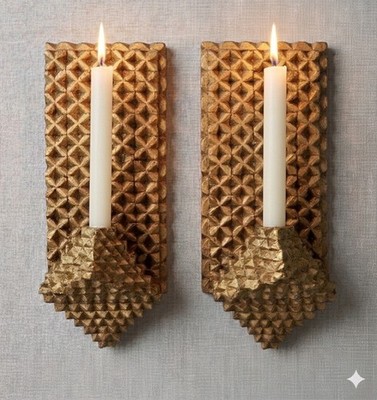 Pair Signed J.B. LaPointe Brutalist Wall Sconces Hand Carved Wood & Gold 11.5 H