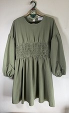 ASOS DESIGN Mini Dress UK 18 Khaki Green Long Balloon Sleeve Smocked Bodice