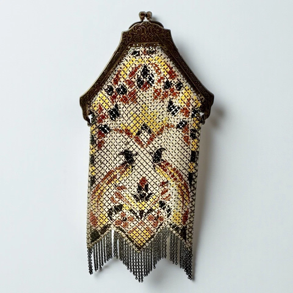 Antique Mandalian Enamel Mesh ART DECO VintageFlapper Purse PEACOCK CRANE BIRD - Image 3 of 4