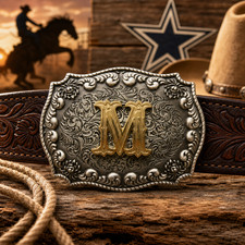 Initial Letter M Western Cowboy Gold Silver Floral Belt Buckle