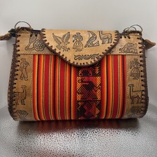 Peru Cusco Handmade Textile Artisan Embossed Leather Boho Purse Crossbody Bag