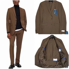 Kenneth Cole Men Slim fit 2 Piece Suit 40L 33/32 Waist Brown Caramel Stretch New