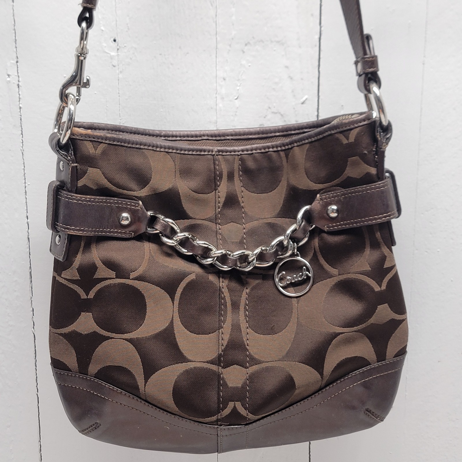 Coach F19730 Signature C Chain Hobo Shoulder Bag Brown Sateen Leather Y2K Purse