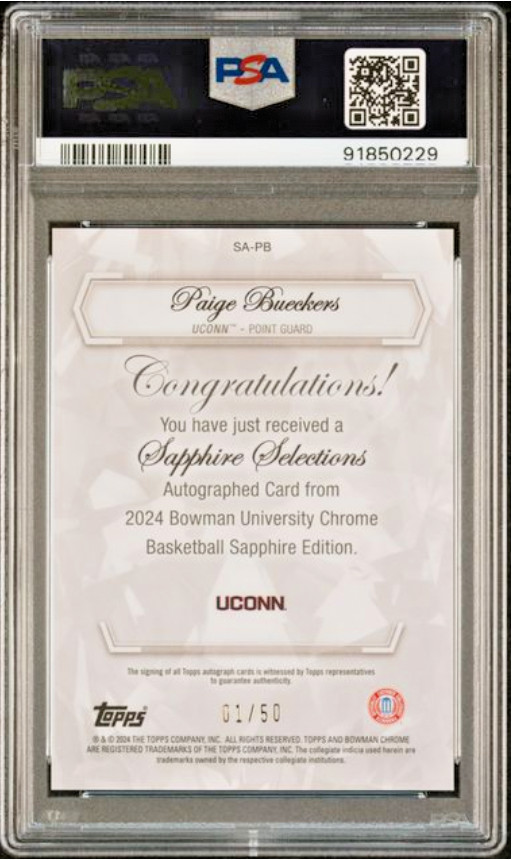 💎💎💎2023 Bowman U Sapphire Selections Paige Bueckers ONCARD AUTO #01/50 PSA 10 view 2