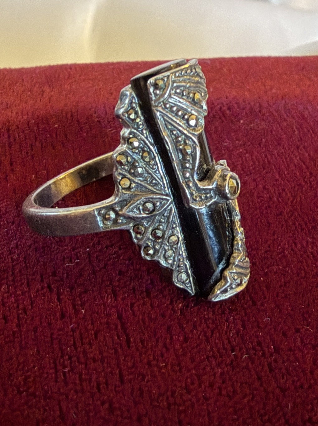 Large Art Deco 925 Silver Statement Ring Black On… - image 2